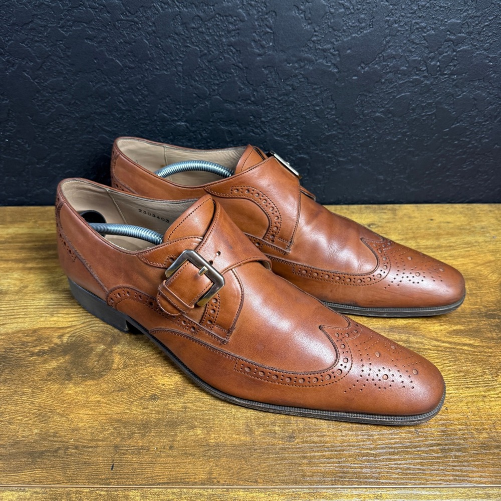 Stefano Castelli Tan Leather Monk Strap Wingtip Brogue Dress Shoes Mens 44
